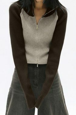 Y2K Aesthetic Knit Contrast Color High Neck Cardigan