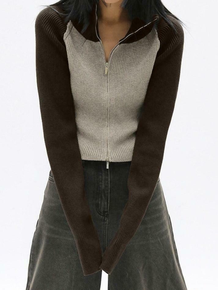 Y2K Aesthetic Knit Contrast Color High Neck Cardigan