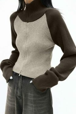 Y2K Aesthetic Knit Contrast Color High Neck Cardigan