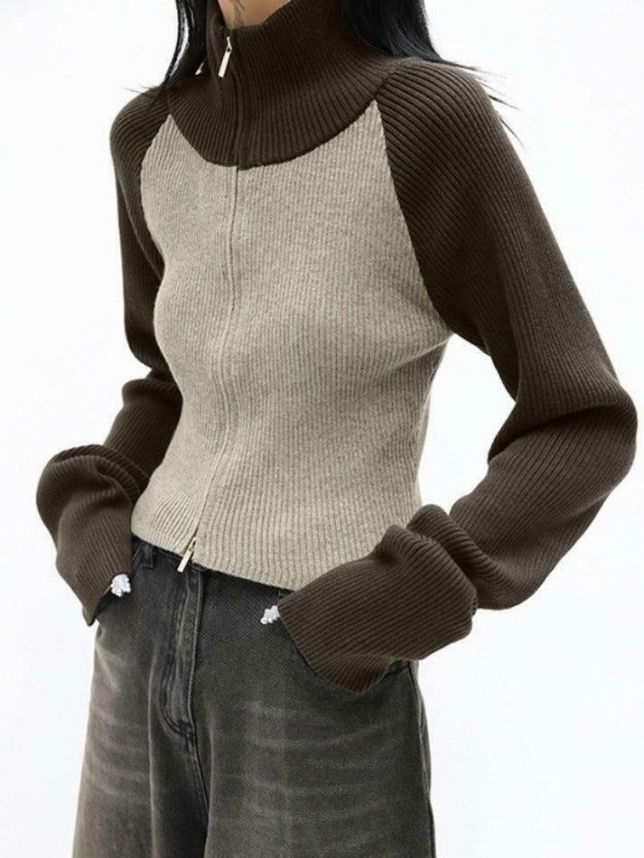 Y2K Aesthetic Knit Contrast Color High Neck Cardigan