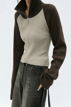 Y2K Aesthetic Knit Contrast Color High Neck Cardigan