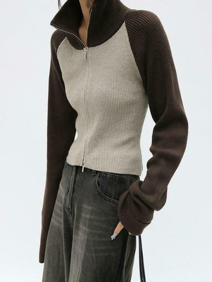 Y2K Aesthetic Knit Contrast Color High Neck Cardigan