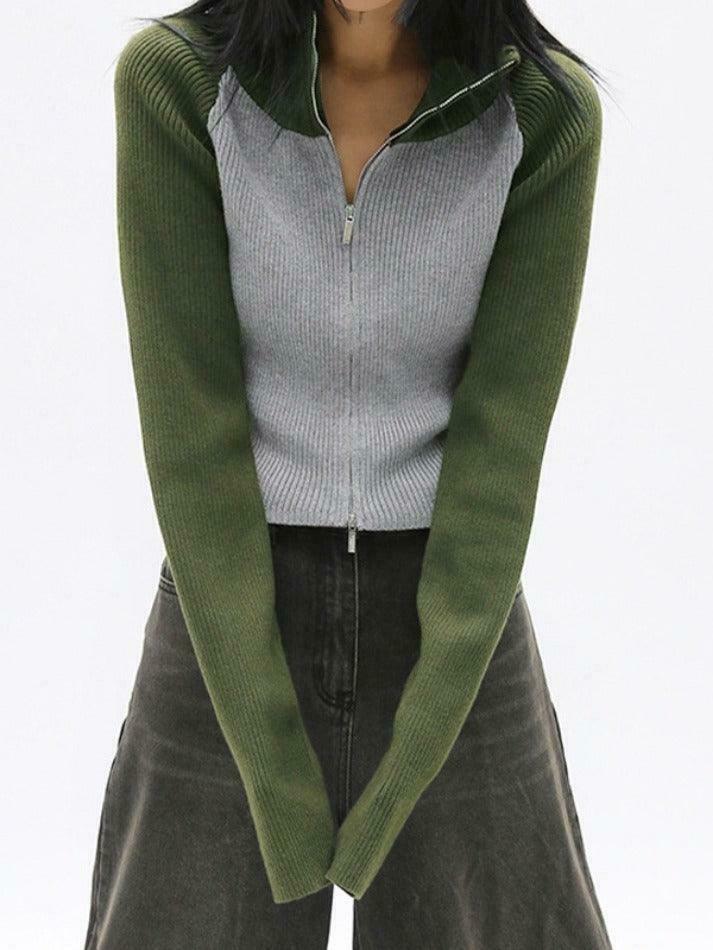 Y2K Aesthetic Knit Contrast Color High Neck Cardigan