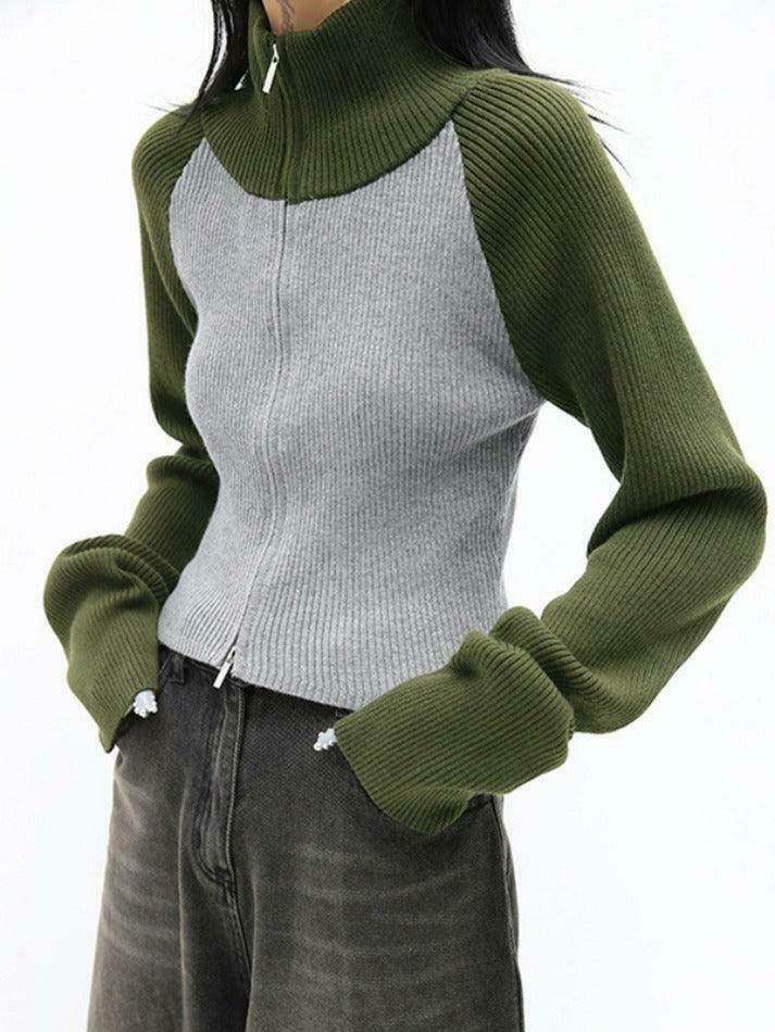 Y2K Aesthetic Knit Contrast Color High Neck Cardigan