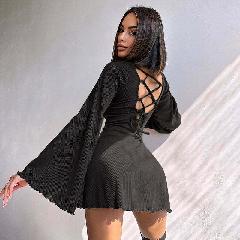 Y2K Aesthetic Knitted Trumpet Dress - Coquette Style Long Sleeve Slim Fit Outfit