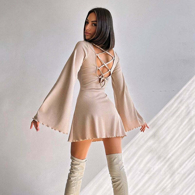 Y2K Aesthetic Knitted Trumpet Dress - Coquette Style Long Sleeve Slim Fit Outfit