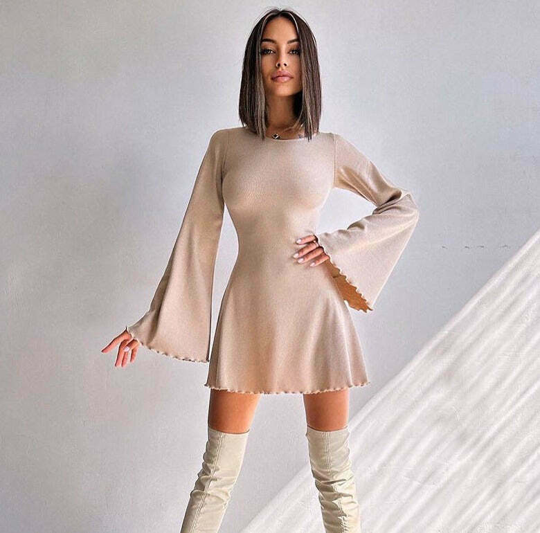 Y2K Aesthetic Knitted Trumpet Dress - Coquette Style Long Sleeve Slim Fit Outfit