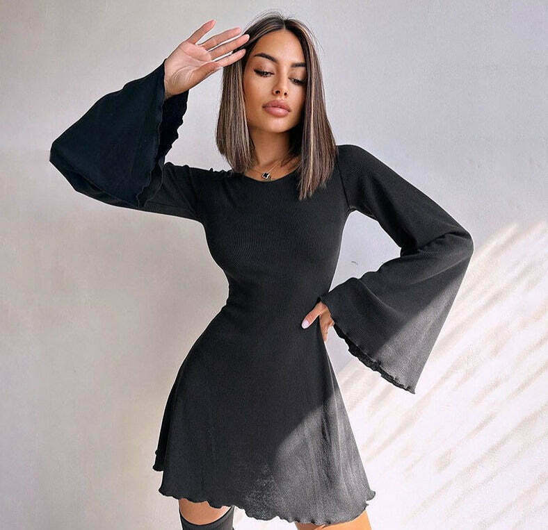 Y2K Aesthetic Knitted Trumpet Dress - Coquette Style Long Sleeve Slim Fit Outfit
