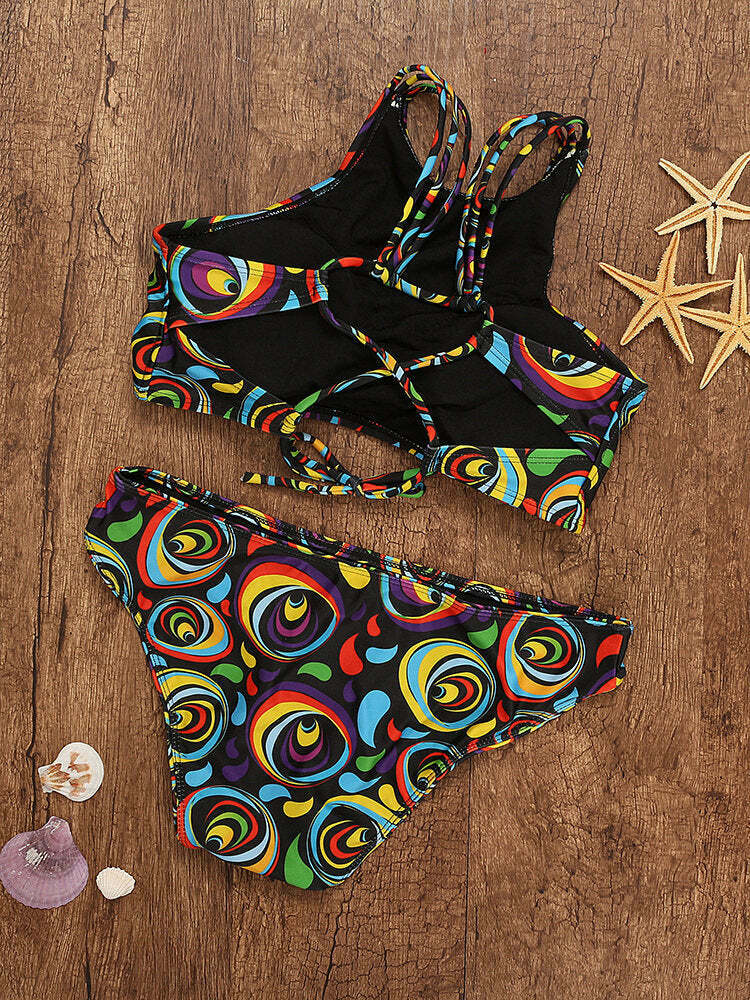 Y2K Aesthetic Lace-Up High Neck Bikini Swimsuit in Colorful Print