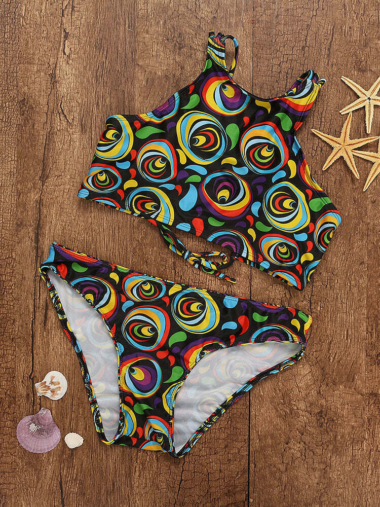 Y2K Aesthetic Lace-Up High Neck Bikini Swimsuit in Colorful Print