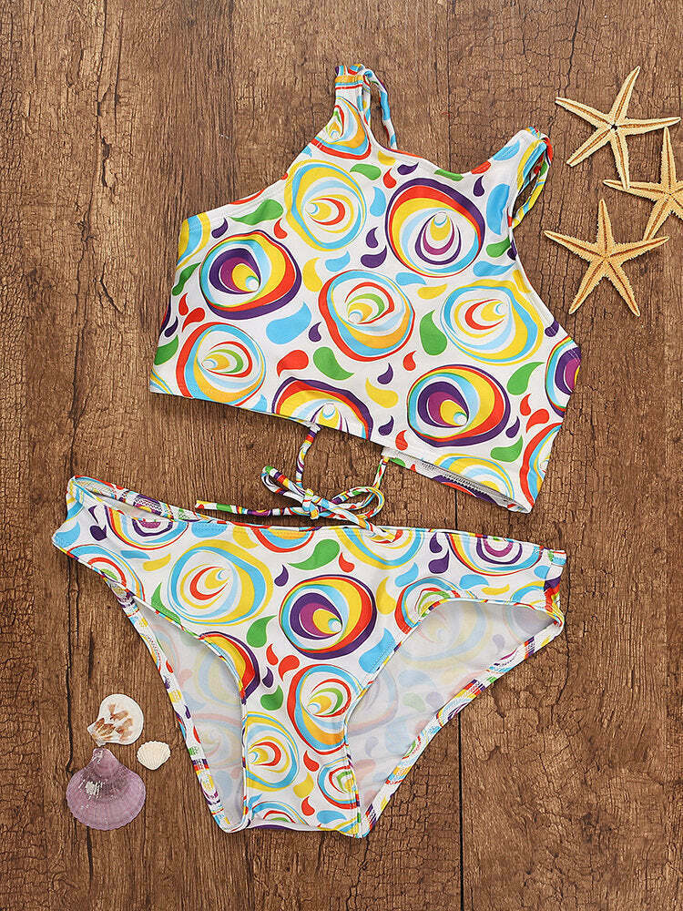 Y2K Aesthetic Lace-Up High Neck Colorful String Bikini Swimsuit