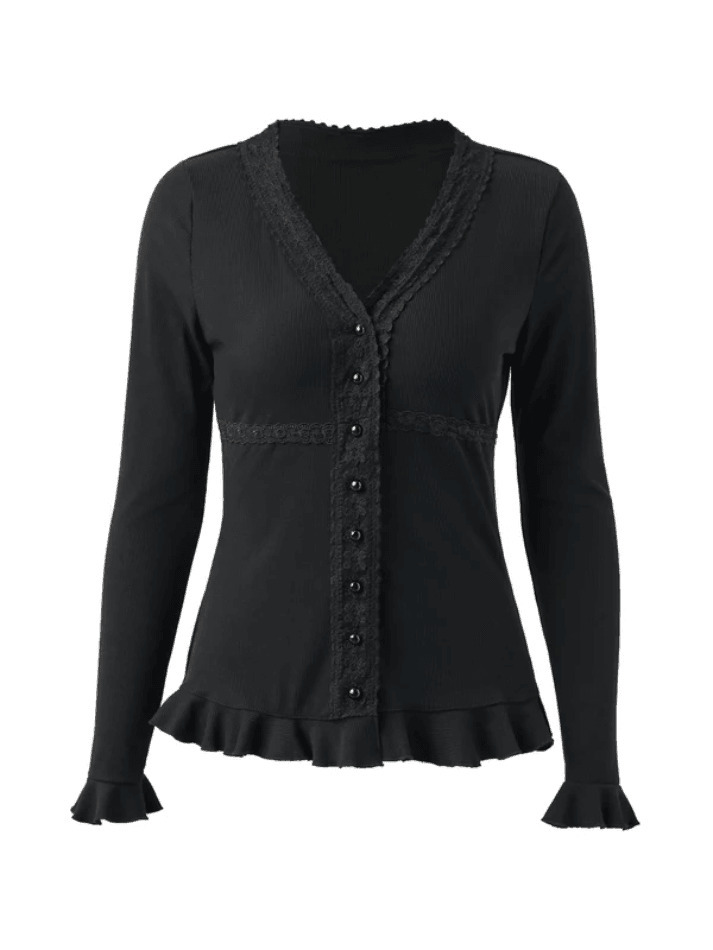 Y2K Aesthetic Lace Panel Knit Top with Front Buttons - Coquette & Grunge Style
