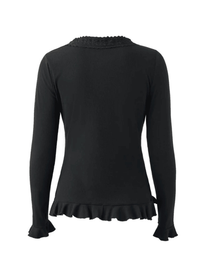 Y2K Aesthetic Lace Panel Knit Top with Front Buttons - Coquette & Grunge Style