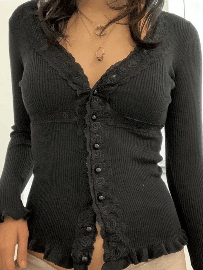 Y2K Aesthetic Lace Panel Knit Top with Front Buttons - Coquette & Grunge Style