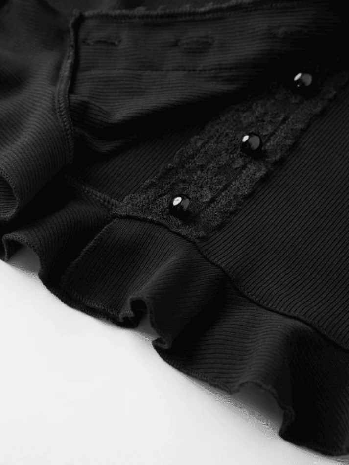 Y2K Aesthetic Lace Panel Knit Top with Front Buttons - Coquette & Grunge Style