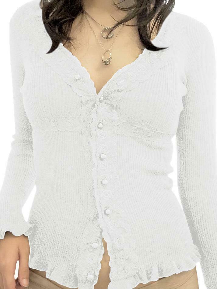 Y2K Aesthetic Lace Panel Knit Top with Front Buttons - Coquette & Grunge Style
