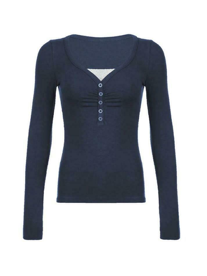Y2K Aesthetic Lace Splice Ruched Breasted Long Sleeve Tee for Women - Coquette Grunge Fashion