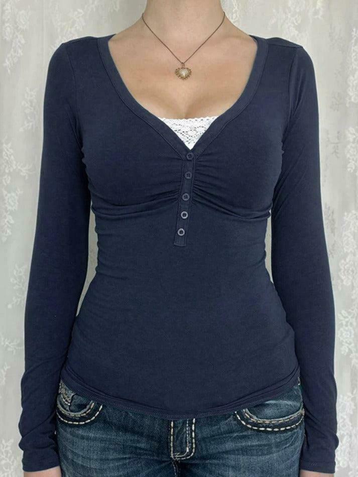 Y2K Aesthetic Lace Splice Ruched Breasted Long Sleeve Tee for Women - Coquette Grunge Fashion