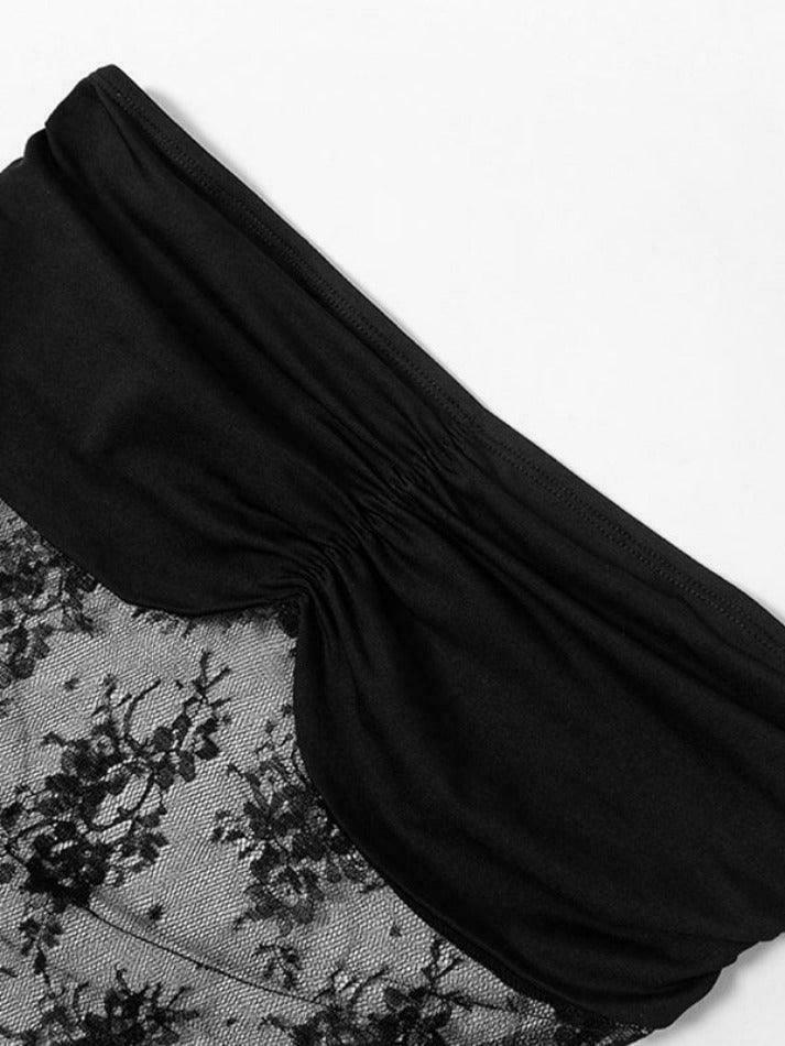 Y2K Aesthetic Lace Splice Shirred Smock Long Sleeve Tee - Coquette & Grunge Style