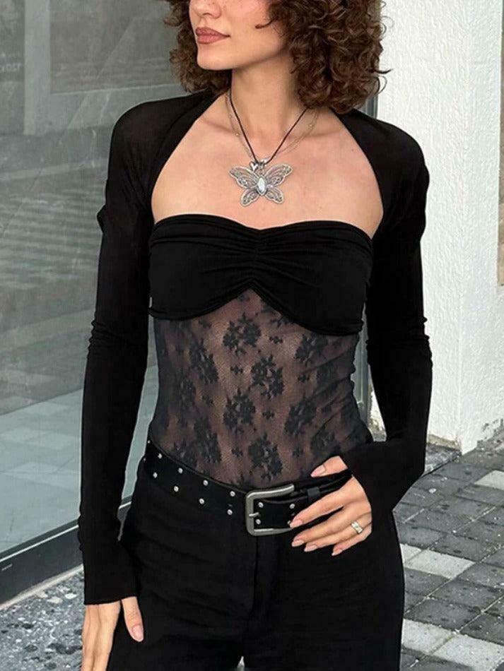 Y2K Aesthetic Lace Splice Shirred Smock Long Sleeve Tee - Coquette & Grunge Style