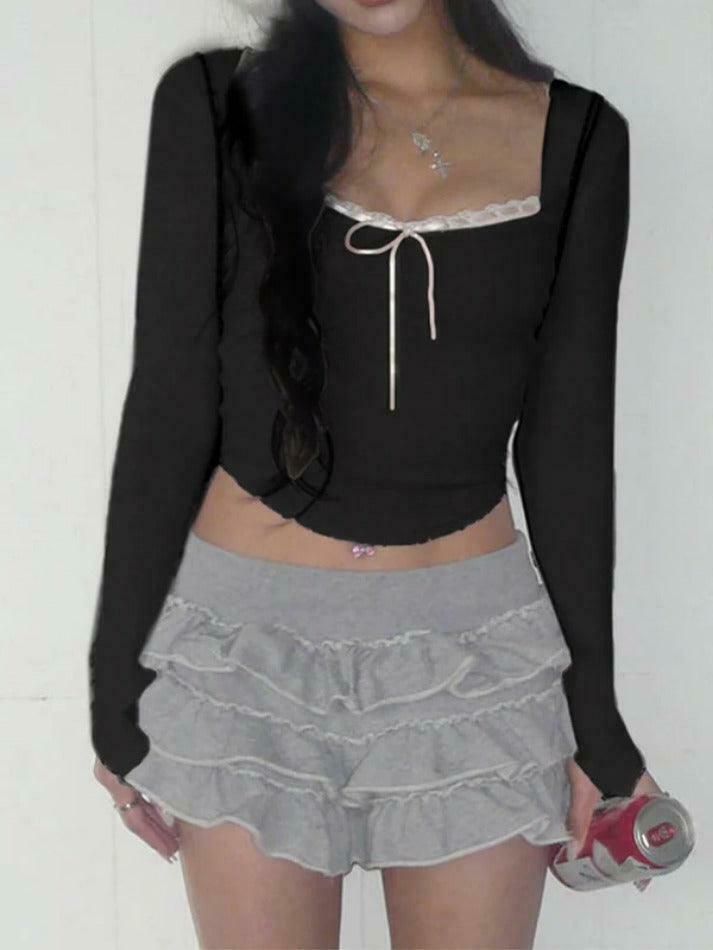 Y2K Aesthetic Lace Splice Tie Front Square Neck Long Sleeve Knit Top
