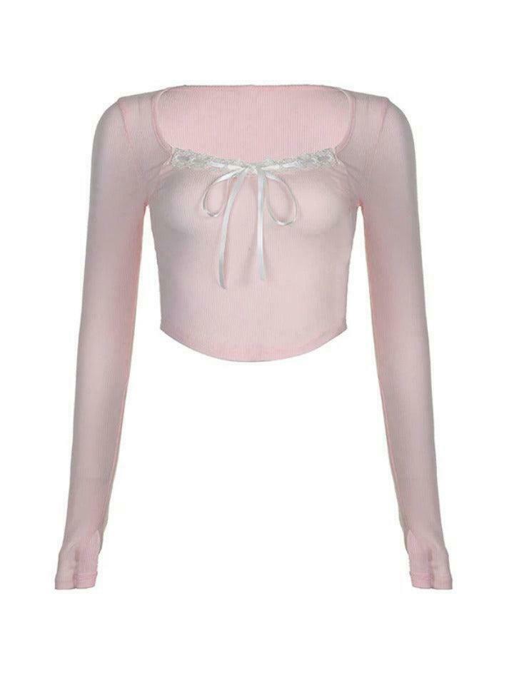 Y2K Aesthetic Lace Splice Tie Front Square Neck Long Sleeve Knit Top