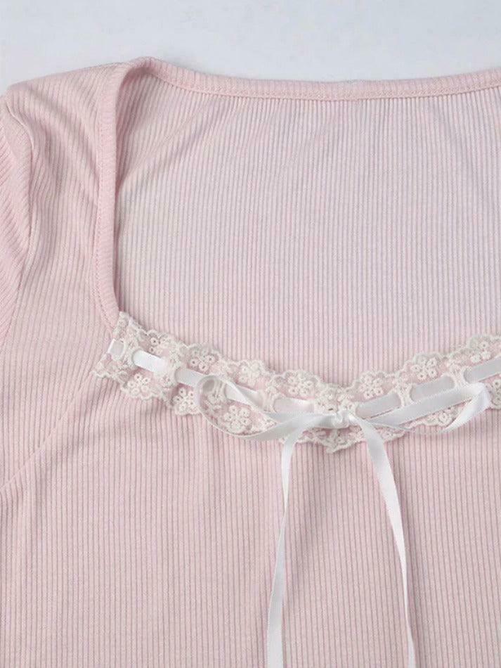 Y2K Aesthetic Lace Splice Tie Front Square Neck Long Sleeve Knit Top