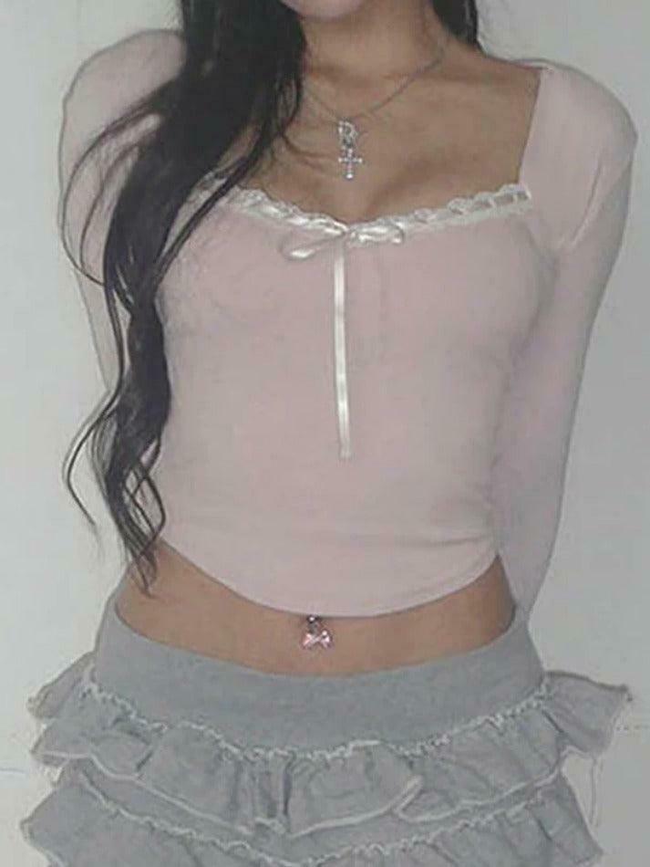 Y2K Aesthetic Lace Splice Tie Front Square Neck Long Sleeve Knit Top