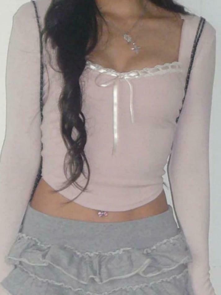 Y2K Aesthetic Lace Splice Tie Front Square Neck Long Sleeve Knit Top