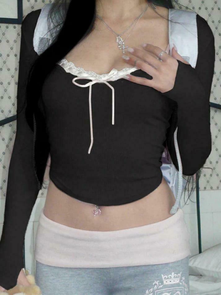 Y2K Aesthetic Lace Splice Tie Front Square Neck Long Sleeve Knit Top