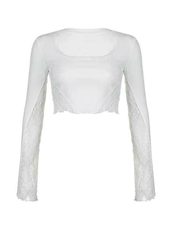 Y2K Aesthetic Lace Splice U Neck Cropped Long Sleeve Tee - Coquette & Grunge Style Women's