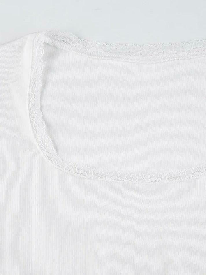 Y2K Aesthetic Lace Splice U Neck Cropped Long Sleeve Tee - Coquette & Grunge Style Women's