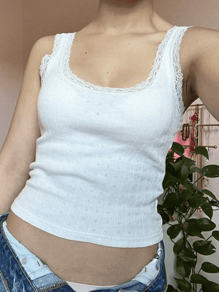 Y2K Aesthetic Lace Trim White Cropped Tank Top - Coquette Grunge Pastel Goth