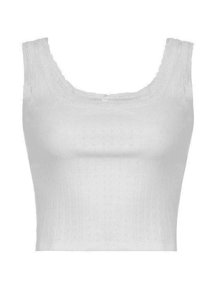 Y2K Aesthetic Lace Trim White Cropped Tank Top - Coquette Grunge Pastel Goth