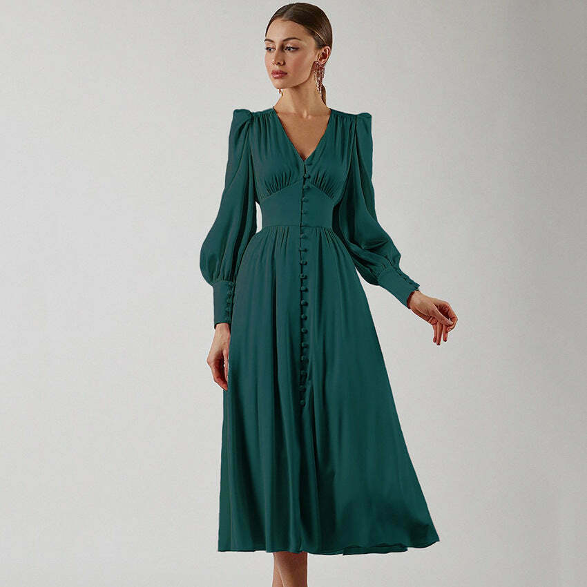 Y2K Aesthetic Lantern Sleeves Satin Dress for Women - Coquette & Grunge Style Fashion
