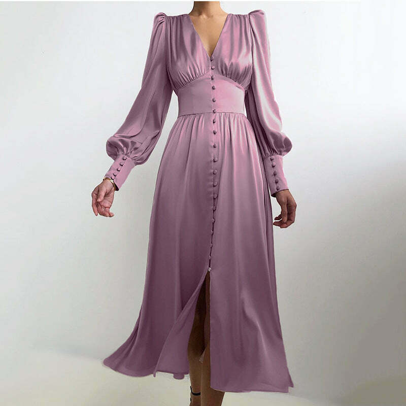Y2K Aesthetic Lantern Sleeves Satin Dress for Women - Coquette & Grunge Style Fashion