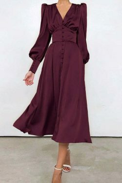 Y2K Aesthetic Lantern Sleeves Satin Dress for Women - Coquette & Grunge Style Fashion