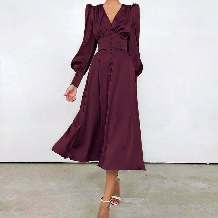 Y2K Aesthetic Lantern Sleeves Satin Dress for Women - Coquette & Grunge Style Fashion