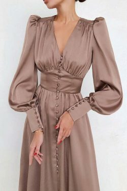 Y2K Aesthetic Lantern Sleeves Satin Dress for Women - Coquette & Grunge Style Fashion