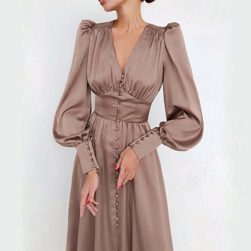 Y2K Aesthetic Lantern Sleeves Satin Dress for Women - Coquette & Grunge Style Fashion