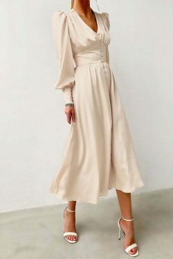 Y2K Aesthetic Lantern Sleeves Satin Dress for Women - Coquette & Grunge Style Fashion