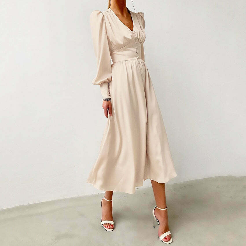 Y2K Aesthetic Lantern Sleeves Satin Dress for Women - Coquette & Grunge Style Fashion