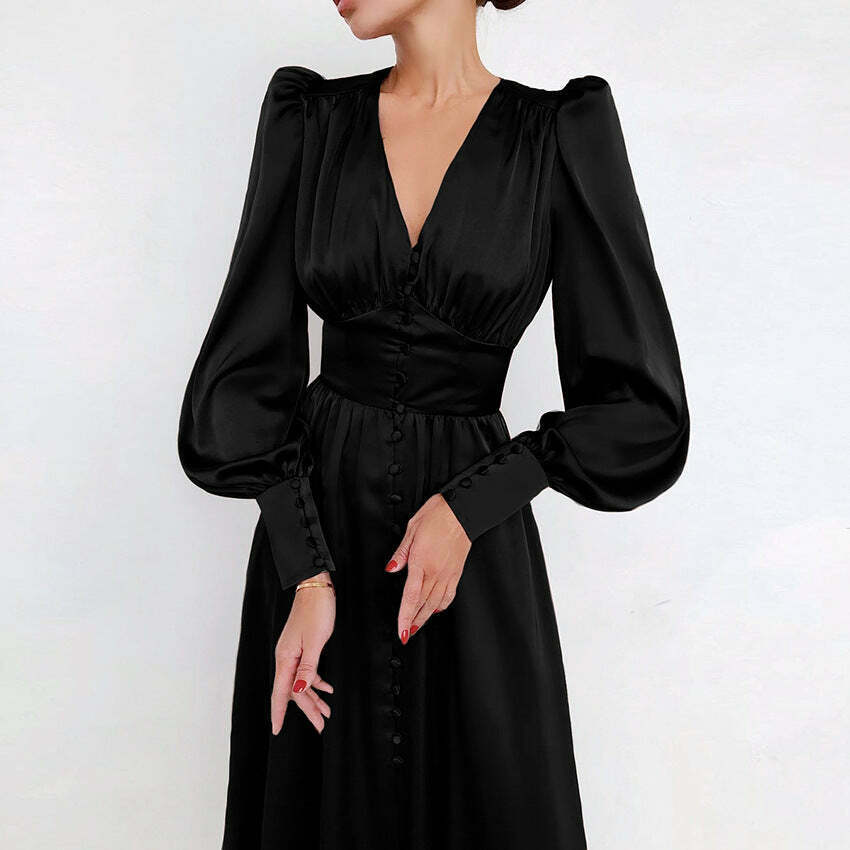 Y2K Aesthetic Lantern Sleeves Satin Dress for Women - Coquette & Grunge Style Fashion