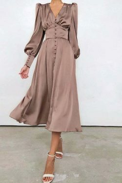 Y2K Aesthetic Lantern Sleeves Satin Dress for Women - Coquette & Grunge Style Fashion
