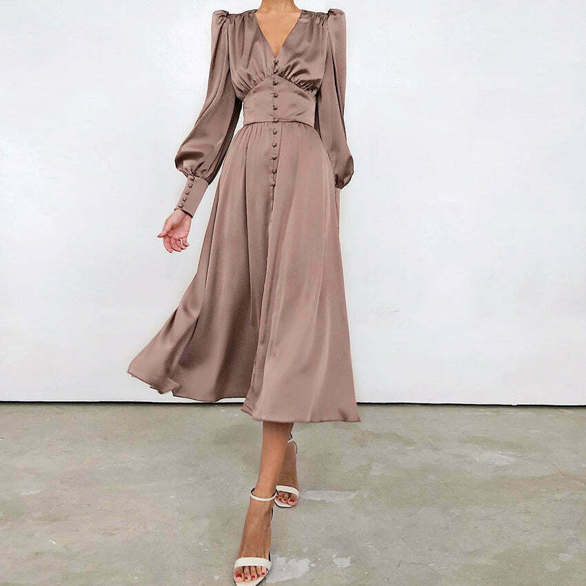 Y2K Aesthetic Lantern Sleeves Satin Dress for Women - Coquette & Grunge Style Fashion