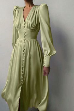 Y2K Aesthetic Lantern Sleeves Satin Dress for Women - Coquette & Grunge Style Fashion