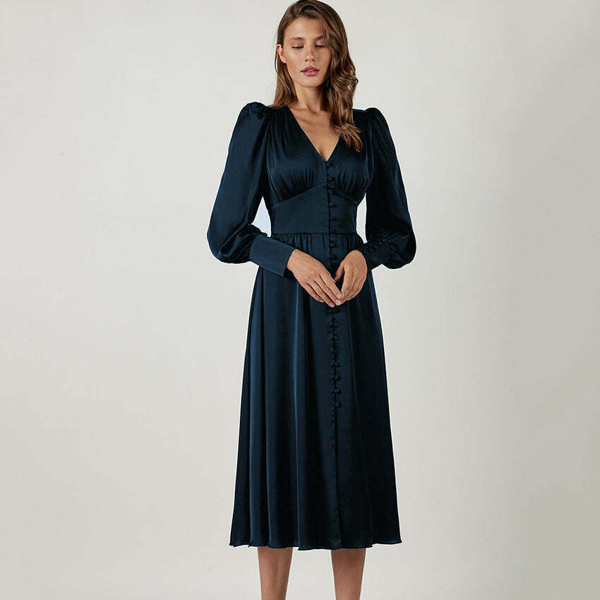 Y2K Aesthetic Lantern Sleeves Satin Dress for Women - Coquette & Grunge Style Fashion