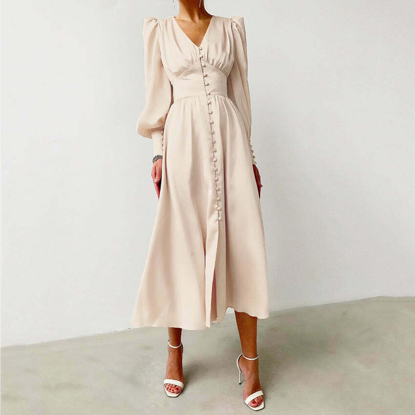 Y2K Aesthetic Lantern Sleeves Satin Dress for Women - Coquette & Grunge Style Fashion