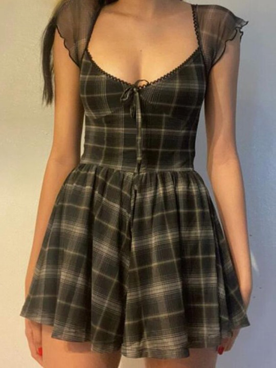Y2K Aesthetic Lattice Mini Dress - Coquette Grunge Fashion, Pastel Goth Vibes