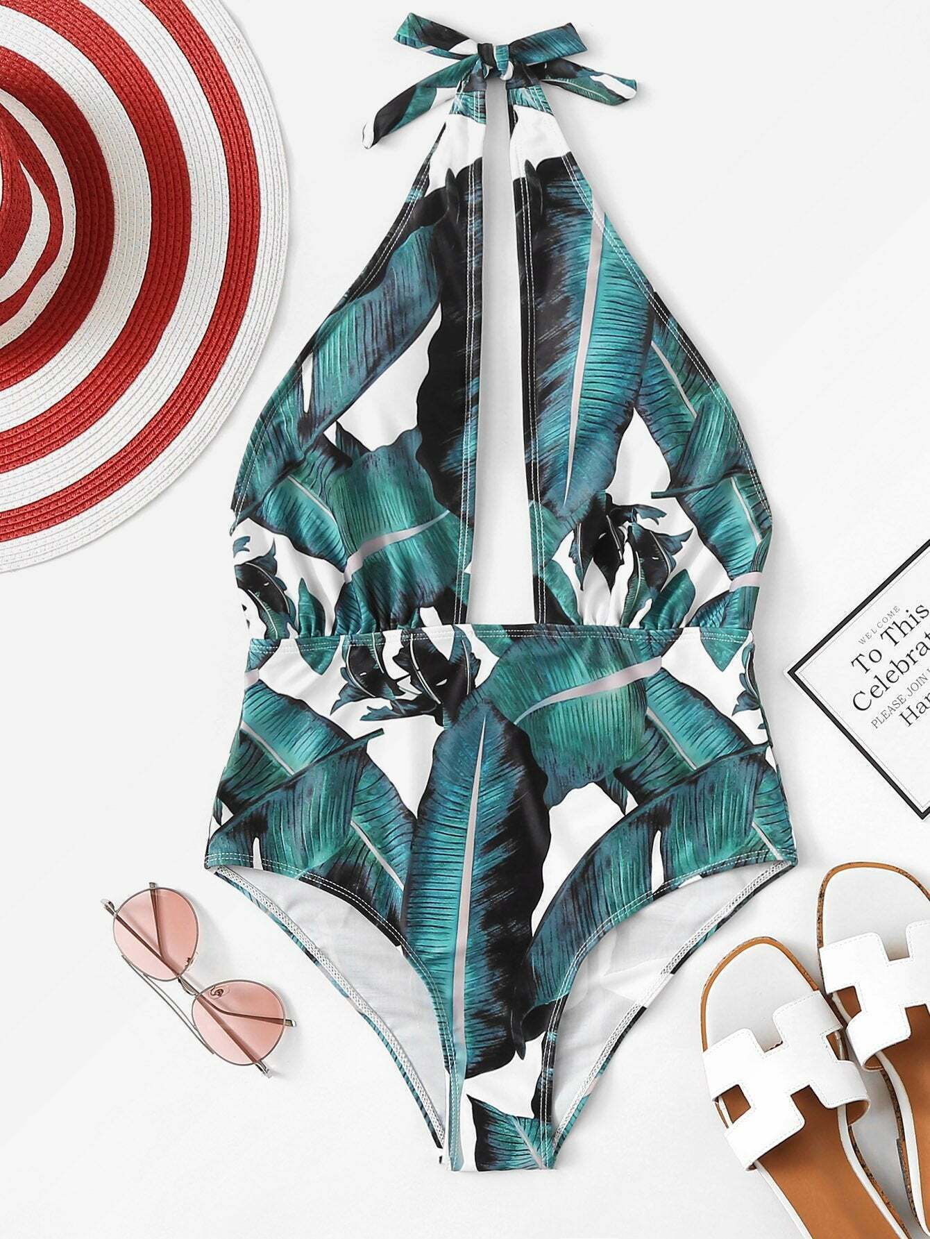 Y2K Aesthetic Leaf Backless Spaghetti Straps Swimsuit for Women - Coquette & Grunge Fashion